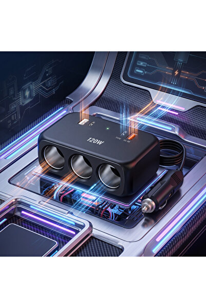 wiks 120W Araç Çakmaklık Çoğaltıcı 3 Soketli, USB + Type-C PD Şarj Adaptörü
