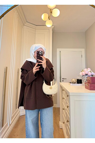 SOİ Angora Cardigan with Covered Buttons and Shawl Scarf in Brown