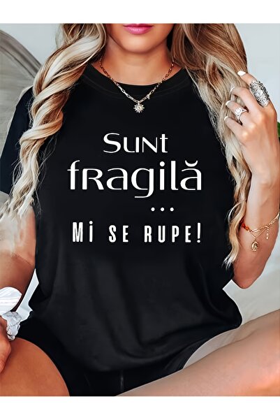 BASEPULSE Women's "Sunt Fragilă... Mi Se Rupe!" Text Print in Romanian, Black...