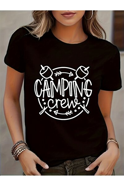 NOURAM تي شيرت نسائي بطباعة "Camping Crew" - قميص أسود كاجوال بأكمام قصيرة مع...