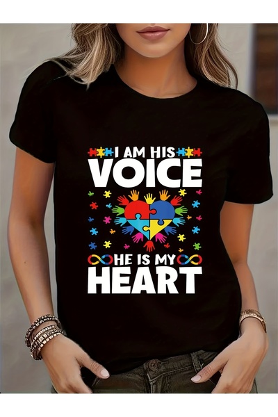 23 nisan Women'S Autism Awareness T-Shirt - "I Am His Voice, He Is My Heart" ...