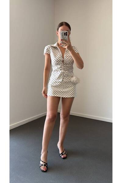 Noravelle Women's Polka Dot Double Shirt Set with Gathered Detail and Polka D...