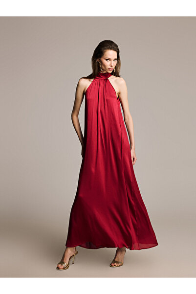 LC Waikiki Soulife Red Halter Neck Gathered A-Line Evening Dress
