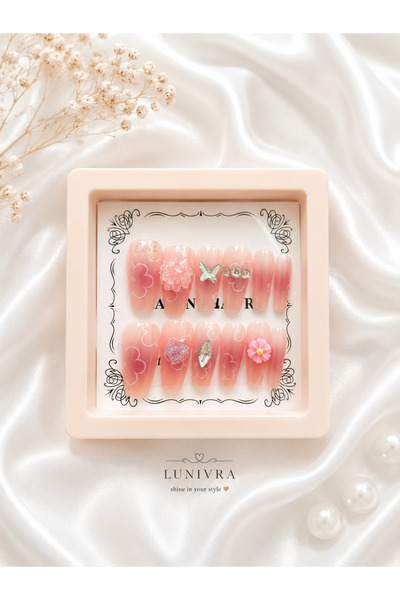 LUNIVRA Pink Daisy Pembe Ombre Çiçekli Taşlı Jel Görünümlü Takma Tırnak Press...