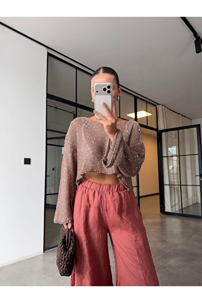 BB Bensu Buyruk Sequined Crop Mercerized Knitwear Vison