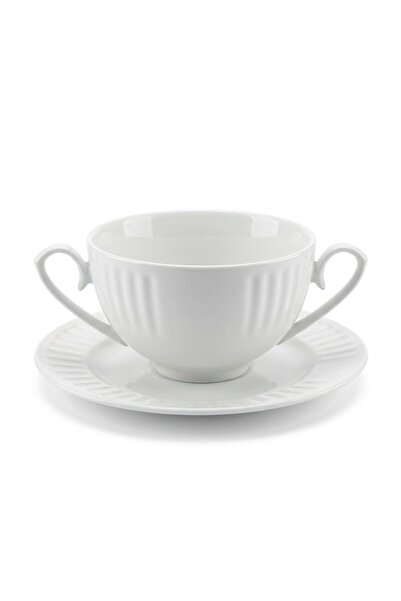 B&D Porcelain Soup Cup and Saucer Set – Double Handle Classic White Soup Bowl...
