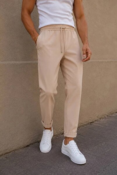 MADZEYMODA Men's Double-Legged Beige Trousers with Elastic Waist