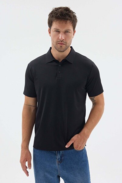 İmza Black Polo Collar Knitted Short Sleeve Standard Fit Flexible T-Shirt 101...