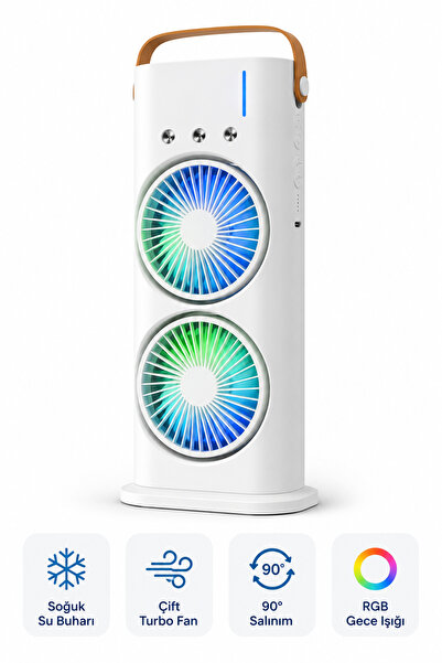 Dual Fan Water Steam Desktop Fan Mini Air Conditioner Cooler 90° Oscillating USB RGB Illuminated