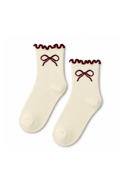 CARNAVAL SOCKS Ribbon Patterned Ecru Ruffled Half-Toe Short Socks