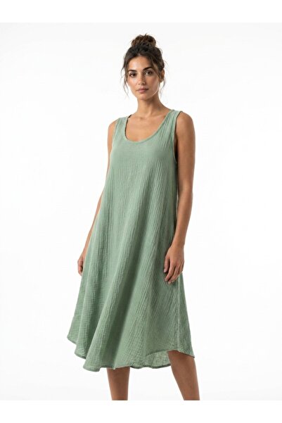 Mulberry Thick Straps Women's Muslin Loose Cut Sleeveless Midi Dress Comforta...