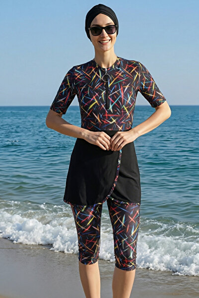 armonika 3-Piece Set Front Zipper Short Sleeve Knee-Length Leggings Burkini W...