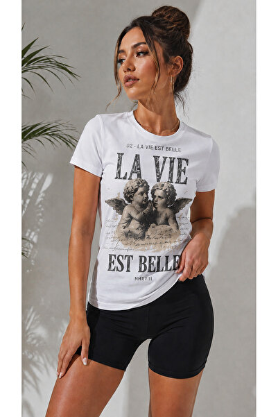 La Vie Est Belle Melek Baskılı Oversize Unisex Beyaz Tişört Vintage Grafik T-Shirt