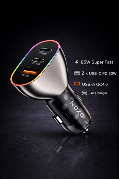 NOXO Încărcător auto rapid, 85W, 2x USB-C PD 30W + USB QC4.0, Compatibil Andr...