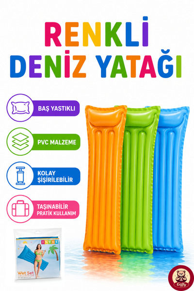 giffy Renkli Bardaklı Deniz Yatağı Baş Yastıklı PVC Şişme Deniz Yatağı 183 x ...