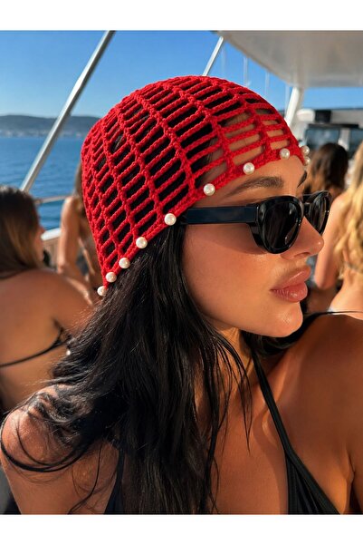 NİLLS El Örgüsü Kırmızı İnci Detaylı File Bere Yazlık Festival Pinterest Bohe...