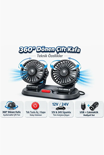 Genel Markalar Torpido Üstü Çiftli Oto Vantilatör - 12V/24V Uyumlu USB ve Çak...