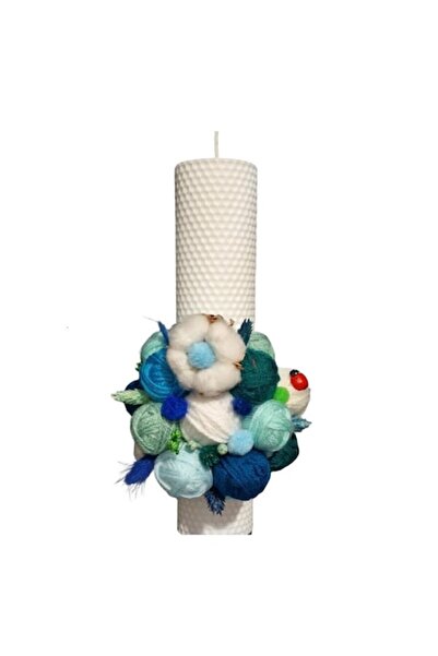 OEM Lumânare tip fagure pentru botezul băiețelului, decorată cu ghemuri de fi...