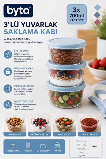 BYTA Set of 3 700 ml Round Storage Containers with Lids Bpa Free Leak-Proof F...