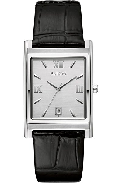 Bulova Men's Stainless Steel 3-Hand Watch with Calendar, Black Leather Strap,...