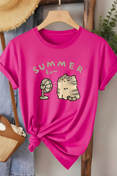l'eivor تي شيرت نسائي قطني مطبوع عليه Summer Fan Cat