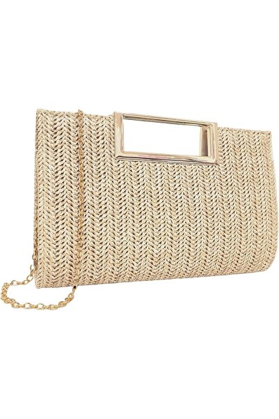 Arabest Clutch Bag, Straw Woven, Detachable Chain, Beige, for Women