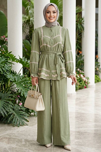 Neva Style Linen Mint Lace Detailed Hijab Double Set 95722Mint