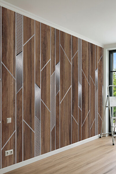 dreamwall Modern Ahşap Silver Geometrik Panel Desenli Tek Parça Tekstil Duvar...