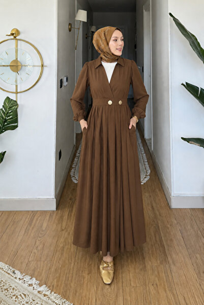 Tesettür Diyarı Opalia Bamboo Cupra Fabric V-Neck Hijab Dress - Brown