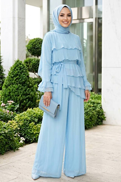Neva Style Set dublu Hijab din tul modal albastru cu volane 95723M