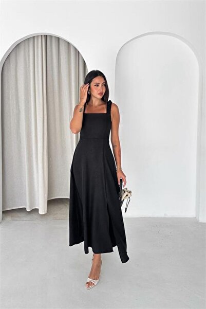 Neşeli Butik Γυναικείο μαύρο φόρεμα με κορδόνια στην πλάτη, μίντι μήκους, με ...