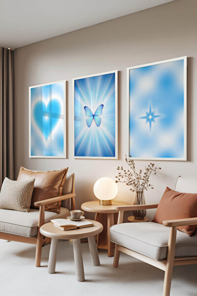 Zestia Set de 3 tablouri cu ramă albă, Pastel Heart Butterfly Star Shine, Set...