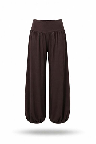 5in1Canpolat Pantaloni maro cu talie elastică și croială largă 0208