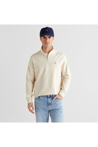 Gant Erkek Bej Relaxed Fit Yarım Fermuarlı Logolu Sweatshirt