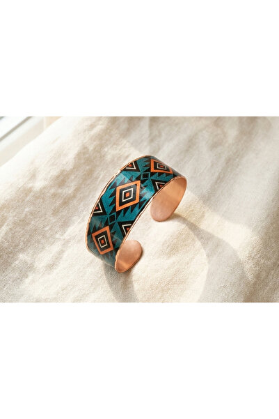 Erol Bakır Copper Turquoise Geometric Rug Pattern Wide Adjustable Clamp Bracelet