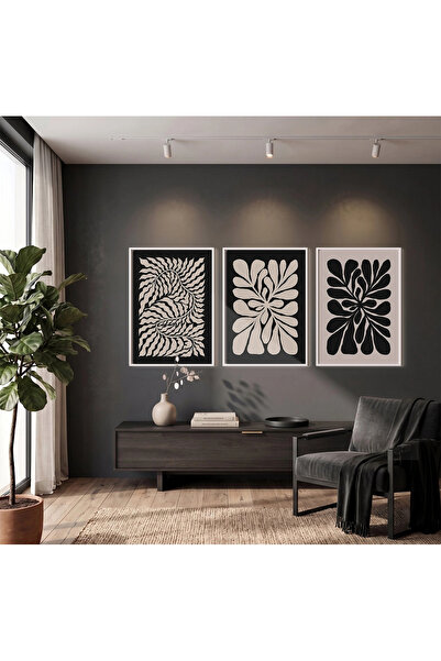 KOLAJTASARIM Set de 3 tablouri cu modele abstracte bej ondulate, înrămate în ...