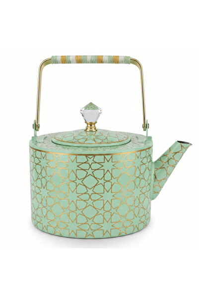 AKDC Mint Green & Gold Islamic Geometric Metal Tea Kettle with Crystal Lid Kn...