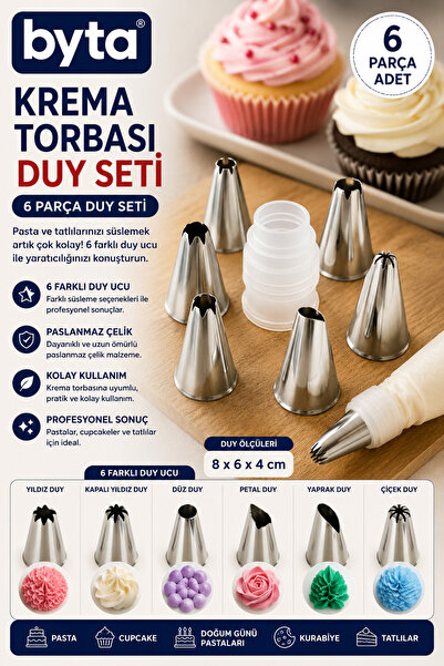 BYTA 6-Piece Stainless Steel Cream Piping Nozzle Set – Cake, Cupcake, and Des...