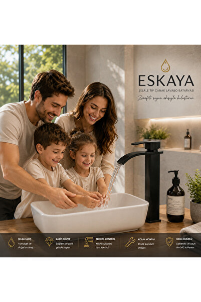 ESHOME Kare Çanak lavabo bataryası mat siyah-Şelale yüksek musluk şelale Akış...