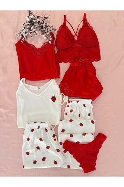 MH Moony Homewears Boxed 7-Piece Strawberry Satin Pajama Underwear Dowry Set