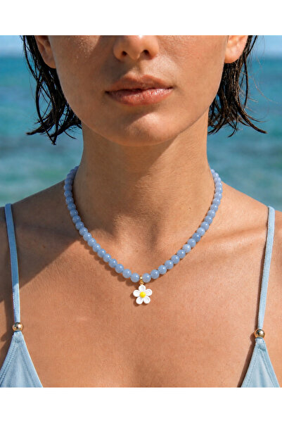 Markiz Takı Blue Jade Natural Stone and Murano Glass Necklace 45 cm + 5 cm Ex...