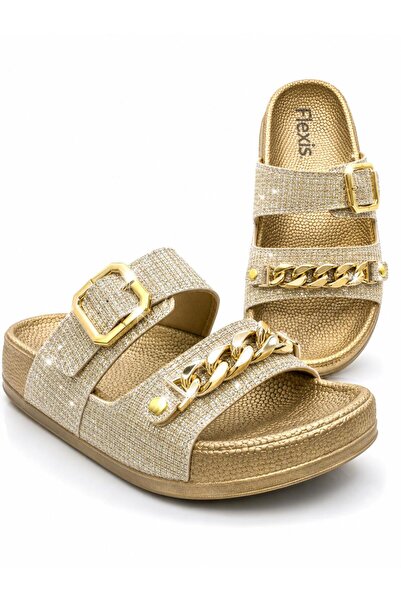 FLEXİS Women's Straw Look Double Buckle Chain Detailed Casual Slippers