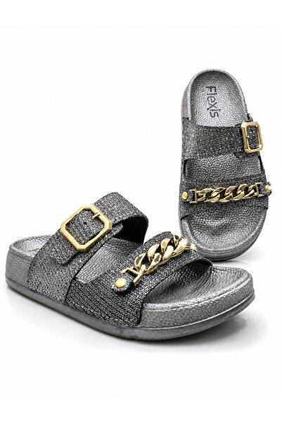 FLEXİS Women's Straw Look Double Buckle Chain Detailed Casual Slippers