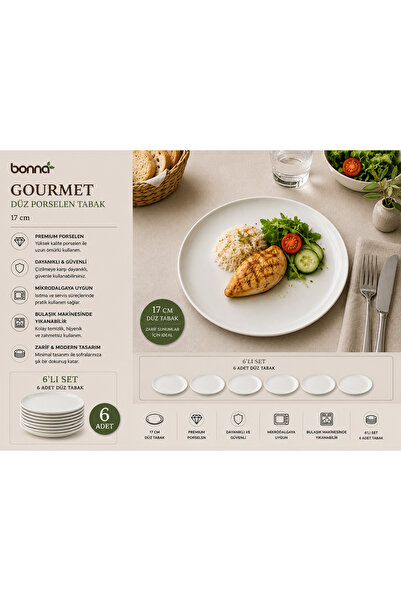 Bonnami Bonna Gourmet Flat Porcelain Plate / 17 cm White Porcelain Dessert, C...