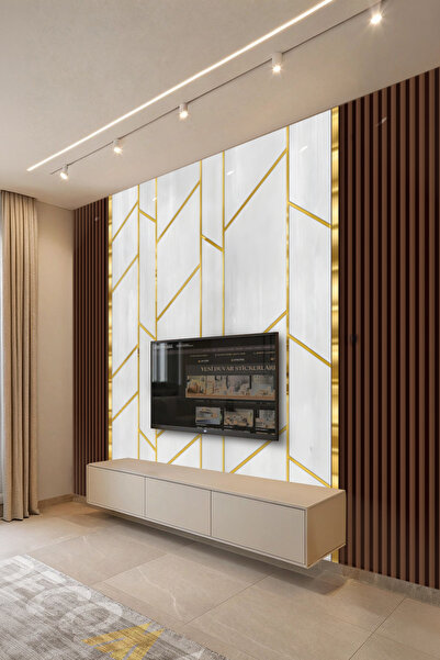 DECOMALL (TV-35) TV Arkası Duvar Kağıdı Tek Parça 3D Çita Mermer Görünümlü Salon Ofis Duvar Posteri