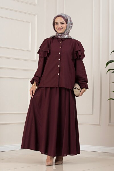 Sevitli Layered Detailed Minel Skirt Set - Bordo