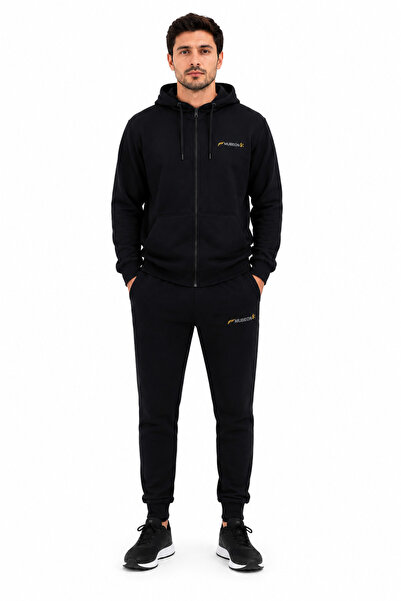 MUBEON Men's Black Hooded Zippered Tracksuit Set