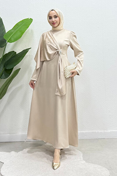 NİLNUR MODA فستان سهرة من قماش الساتان مع بروش لارا ستون من نيو سيزون، مناسب ...