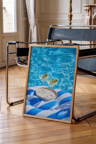 Postifull Martini and Pool Poster, Wooden Framed Poster, Old Money Series, No...