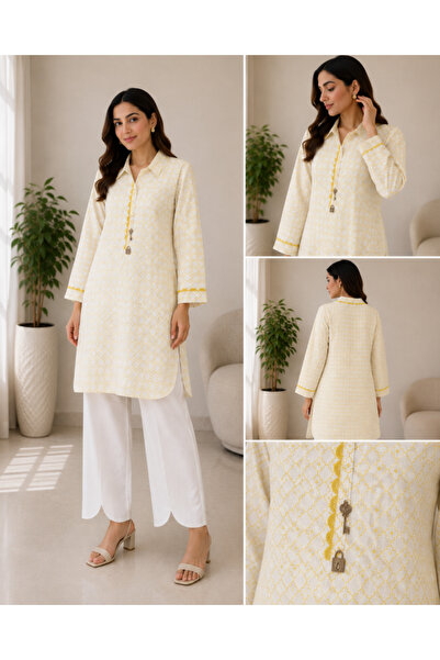 Libas lab - Ivory Printed Cotton Modest Long Shirt with Lace Placket